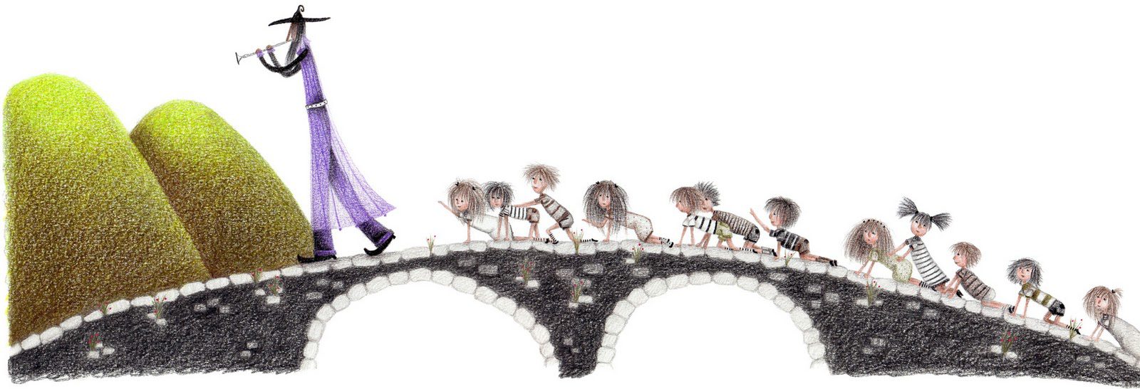 El pueblo siguiendo al flautista alegremente