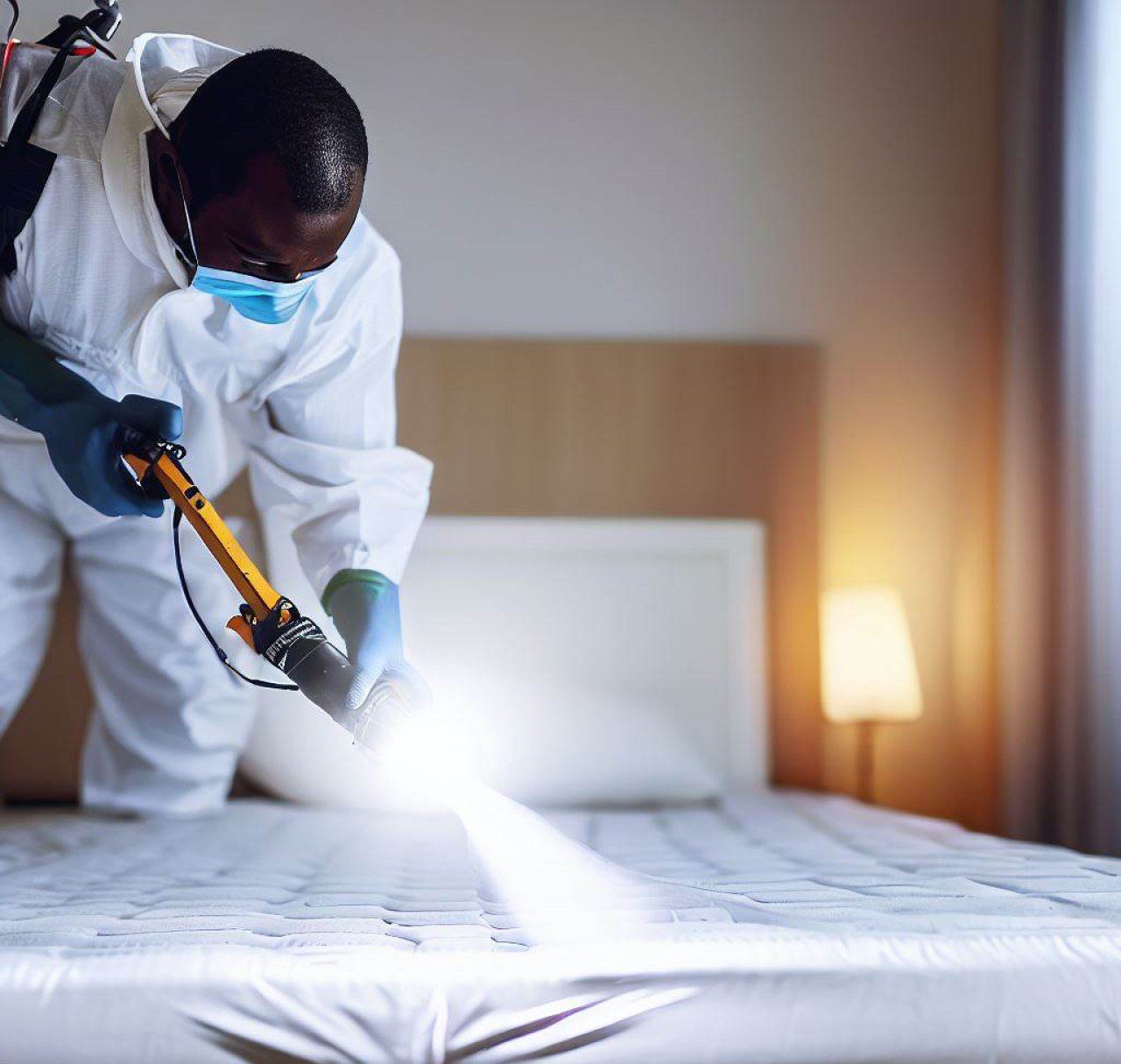 Exterminador inspeccionando colchón en busca de chinches