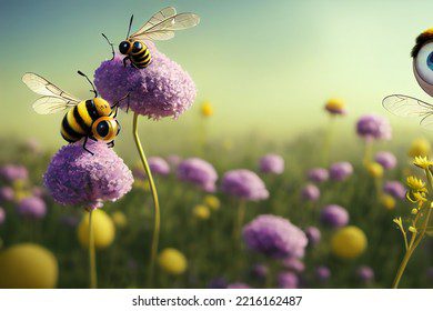 Abeja volando entre flores silvestres coloridas
