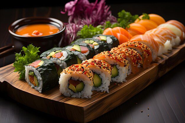 Rodajas de sushi fresco y caliente