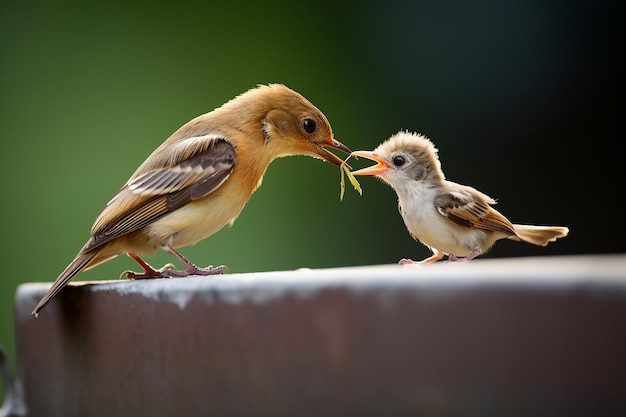 Pájaro bebé siendo alimentado por su madre
