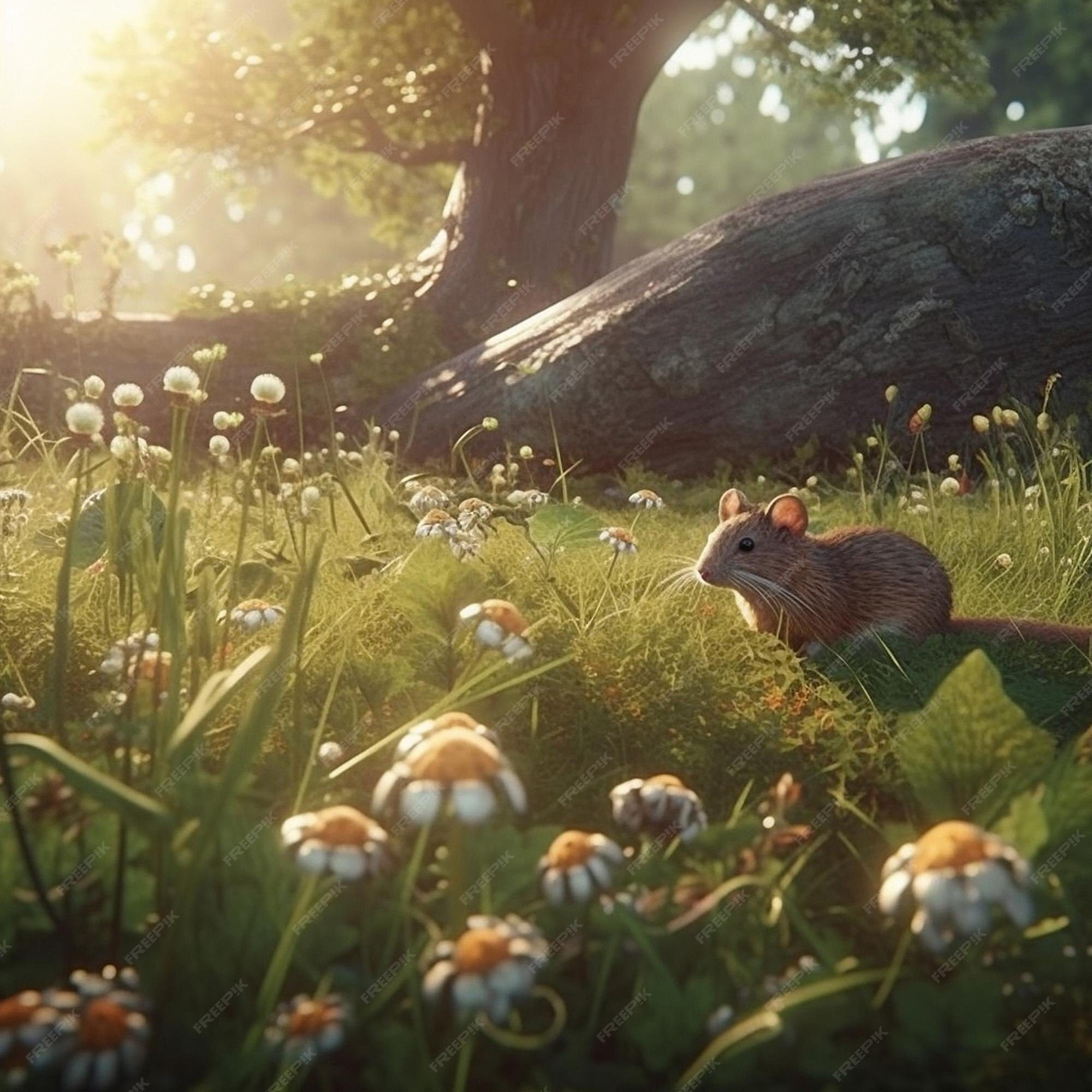 Ratón en campo de flores en primavera